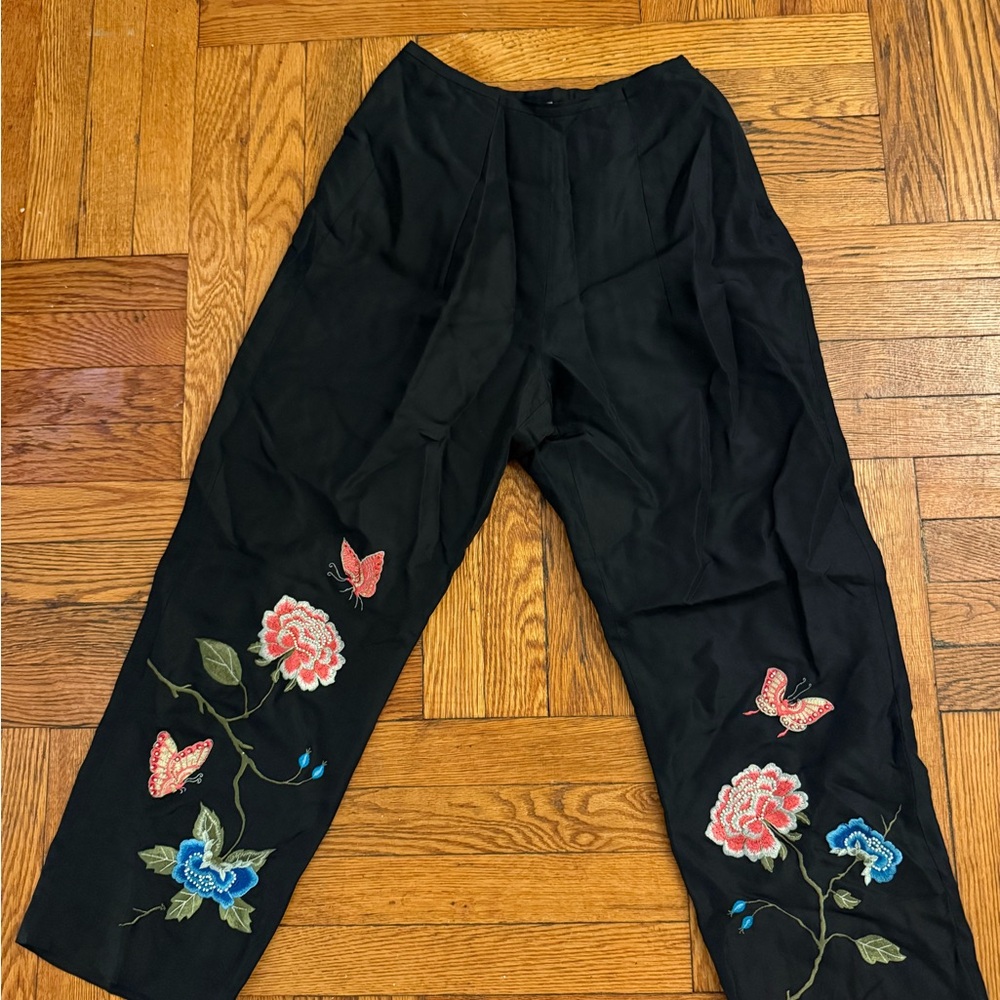 Yves Cossette Black Silk Pants with Embroidery